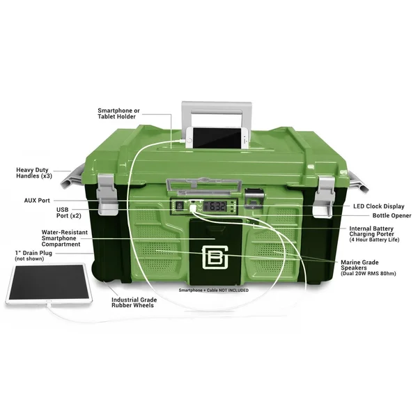 CoolBox The Entertainment Cooler with USB, Speakers, and Time Display - Green