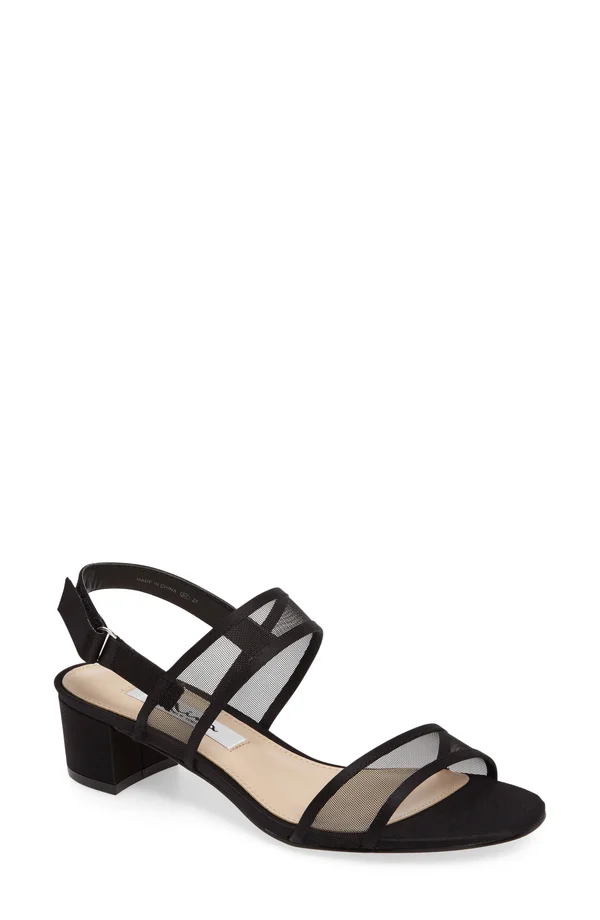 Nina Ganice Mesh Satin Block Heel Dress Sandals, Womens, 6.5M, Black