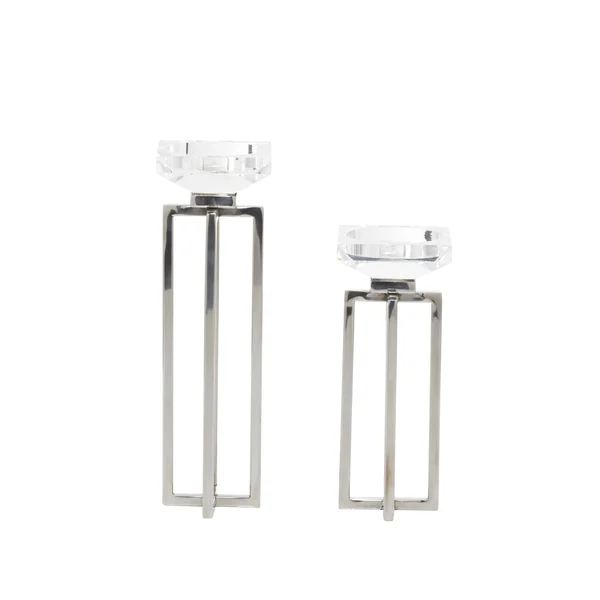 2 Pcs Candle Holders for Pillar Candles Modern Glass and Stainless Steel Centerpieces for Home Silver - 4 x 4 x 13 - White