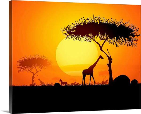 Sunset in Africa - with Silhouetted Animals and Trees, Large Solid-Faced Canvas Wall Art Print, Great Big Canvas