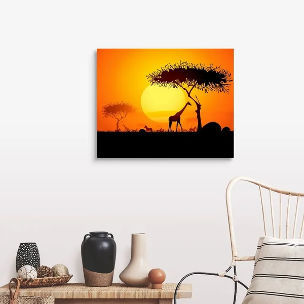Sunset in Africa - with Silhouetted Animals and Trees, Large Solid-Faced Canvas Wall Art Print, Great Big Canvas