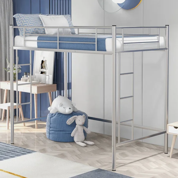 Euroco Steel Twin Loft Bed with Guard Rail & Dual Ladders for Kids Bedroom - Silver