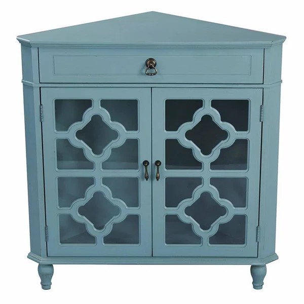 Light Sage Wood Clear Glass Corner Cabinet with A Drawer and 2 Doors