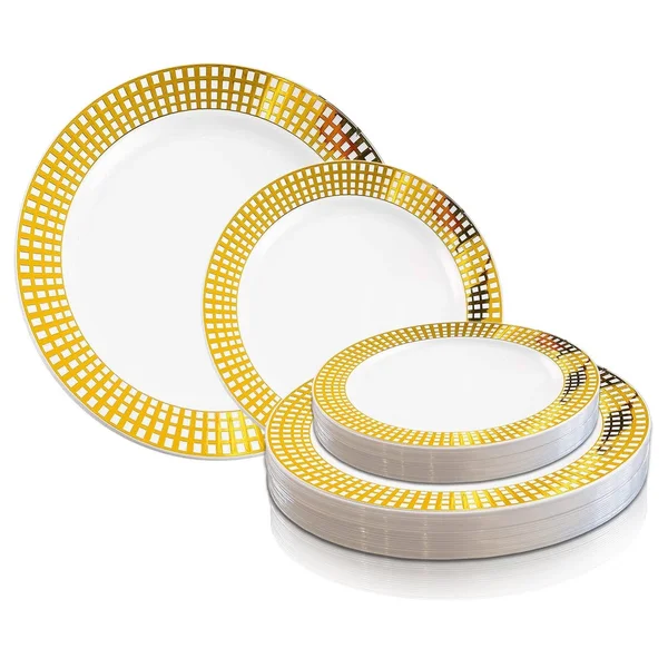 Gold Checkered Rim Disposable Plastic Plate Packs - Party Supplies (White with Gold Rim - 120pcs - Dinner Plates)
