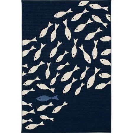 Highland Dunes Timmy Swimming Fish Navy/Ivory Indoor Area Rug - Blue