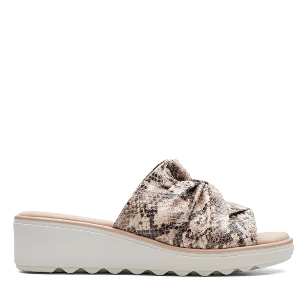 Clarks Women's Jillian Leap Wedge Slide - Size: 6.5, Taupe Snake Synthetic