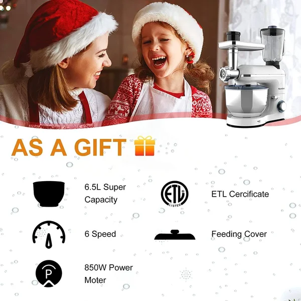 Nurxiovo 3 in 1 Stand Mixer, 850W Kitchen Food Mixer with 6 Speed and Pulse, Home Mixer Stand Up with 7qt Stainless Steel Bowl, Do