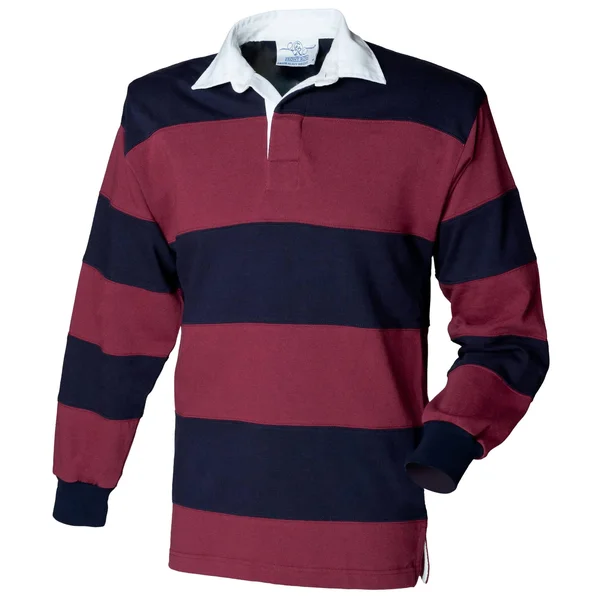Front Row Sewn Stripe Long Sleeve Sports Rugby Polo Shirt - S, Burgundy/Navy