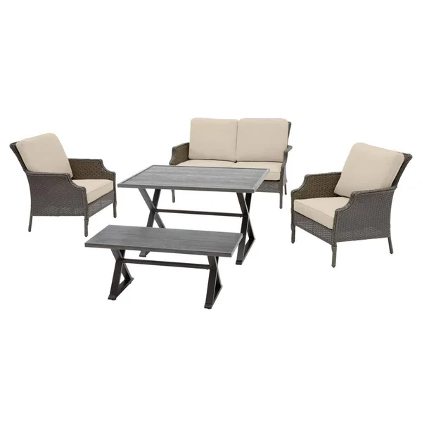 Hampton Bay Grayson 5-Piece Ash Gray Wicker Outdoor Patio Dining Set with CushionGuard Putty Tan Cushions