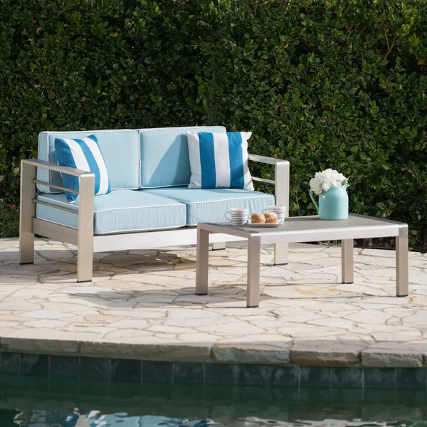 Cybele Doris Outdoor Silver Aluminum Loveseat and Coffee Table Set with Water Resistant Cushions - Light Teal