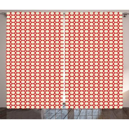 Retro Curtains 2 Panels Set, Big and Small Polka Dots Pattern Symmetrical Geometric Tile Design Vintage Style, Window Drapes for
