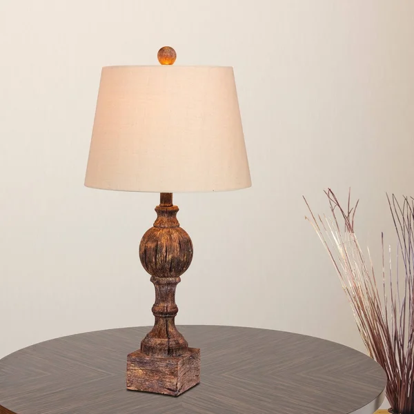Fangio Lighting 26.5 in. Pair of Distressed Column Resin Table Lamps in A Cottage Antique Brown