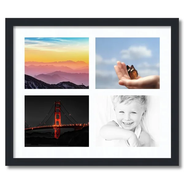 Collage Picture Frame, Satin Black Frame with 4 openings for 8x10 Photos with Super White Mat. D3926T10, ArtToFrames