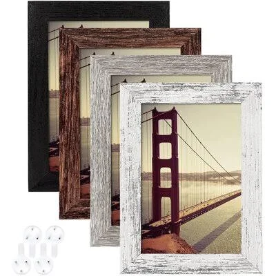 4/4 4x6 Picture Frame Rustic Grey Wood Pattern Set of 4 with Tempered Glass - Display Pictures 3.5x5 with Mat or 4x6 Without Mat