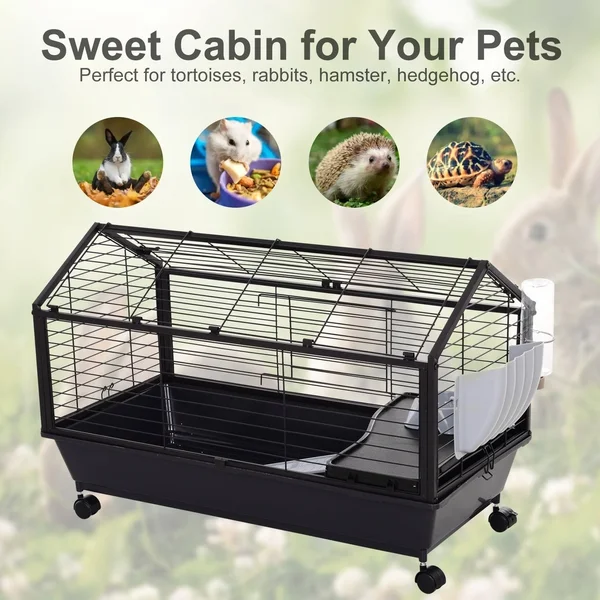 PawHut Rolling Metal Rabbit, Guinea Pig, or Small Animal Hutch Cage with Main House and Run