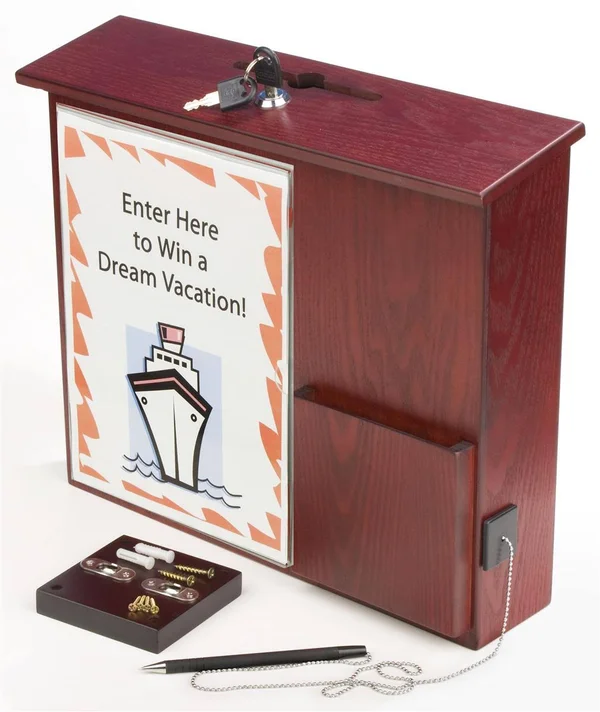 Displays2go Wood Wall-Mounting Suggestion Box, Ballot Box with Locking Lid, Pocket, Sign Holder and Pen - Red Mahogany, Size: 15