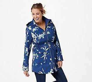 Isaac Mizrahi Live! Water Repellant Printed Soft Shell, Size 1X, Navy