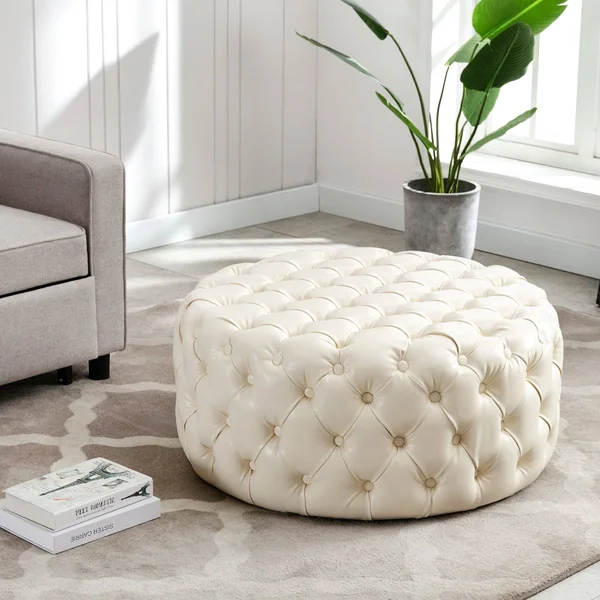 KINWELL 35.4 in. Beige Round Cocktail Ottoman