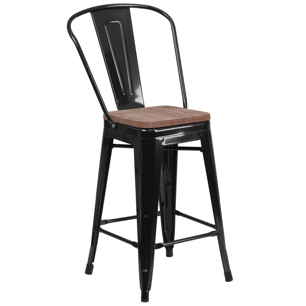 Flash Furniture 24x22 High Metal Counter Height Stool with Back and Wood Seat, Black-Antique Gold
