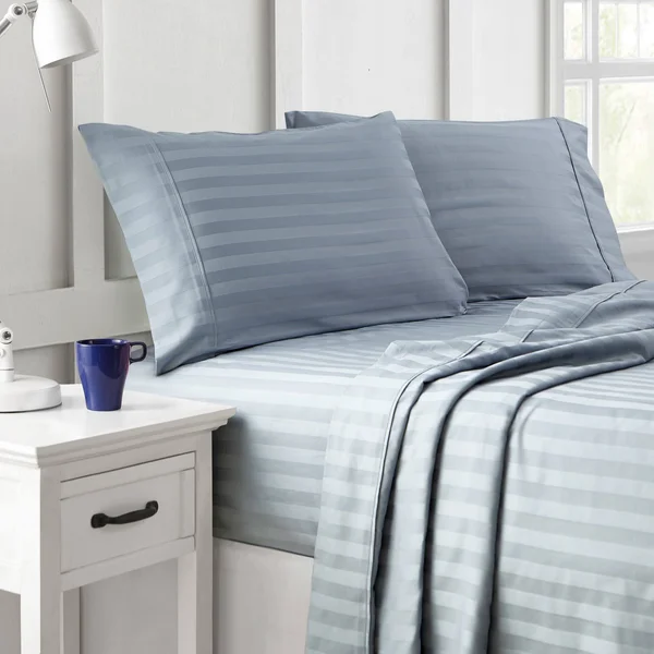 Brielle Home 100% Organic Cotton Dobby Stripe Sheet Set Queen - Blue