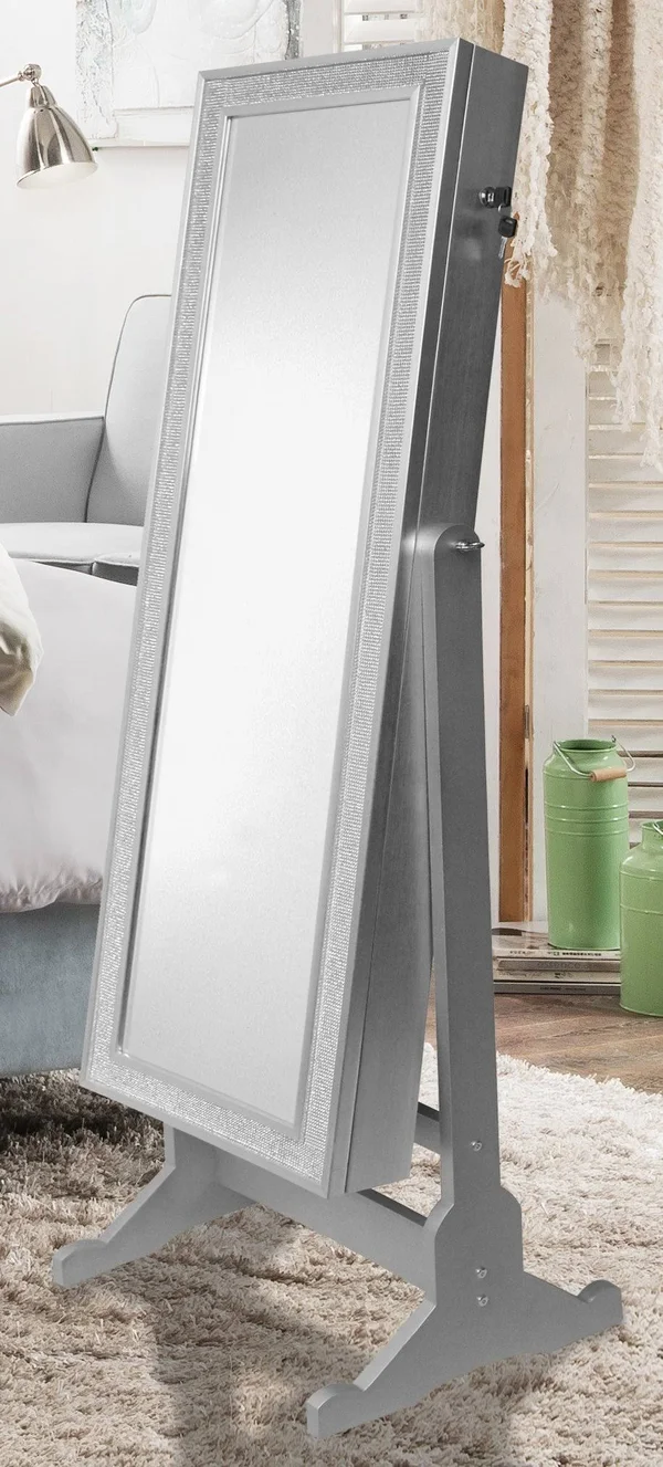 Chic Home Glitzy Classic Silver Crystal-Bordered Rectangular Jewelry Armoire Cheval Full-Length Mirror