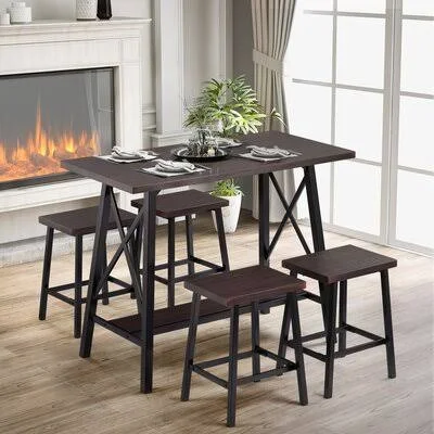 5-Piece Bar Table Set - Counter Height Bar Table with 4 Bar Stools, Bistro Style Bar Table and Stool, Espresso Latitude Run