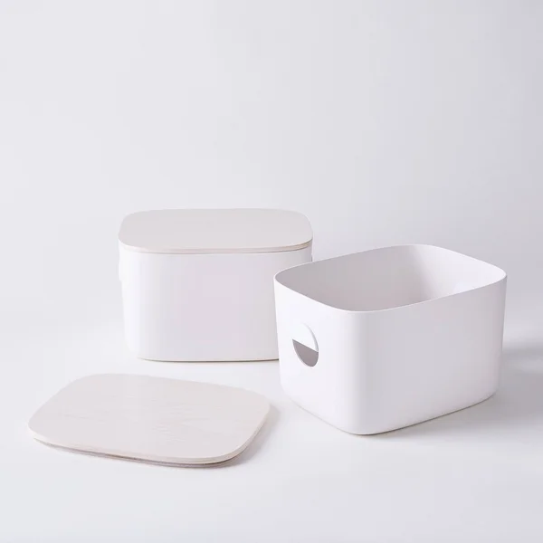Open Spaces Multi-Purpose Storage Bins with Wooden Lids (Set of 2) - Ivory, Medium