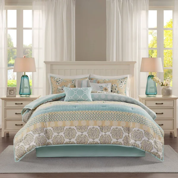Madison Park Willa 7 Piece Cotton Printed Comforter Set Green - King
