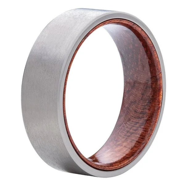 Brushed Titanium Wedding Band with Koa Wood Interior - Alpine Rings