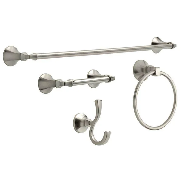 Delta Mandara 4-pc. Bath Hardware Set in SpotShield Brushed Nickel with Towel Ring - Toilet Paper Holder, 24x22 Towel Bar & H
