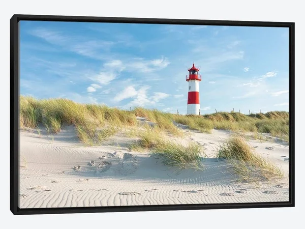 Framed Canvas Art - Lighthouse on The Dune Beach - North Sea Coast, Sylt, Schleswig Holstein, Germany by Jan Becke art)