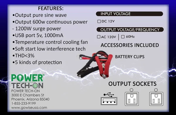 Power Techon 600W Pure Sine Wave Inverter 12V DC to 120V AC PS1001