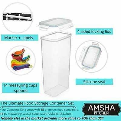 Large Set of 30pc Airtight Food Storage Containers (15 Container Set) - Amsha Kitchen & Pantry Organization - BPA-Free Plast