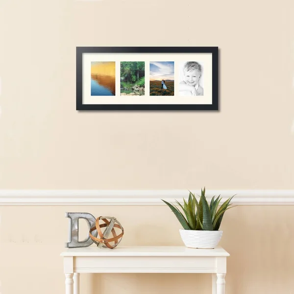 Collage Picture Frame - Satin Black Frame with 4 openings for 5x7 Photos with Ivory Off White Mat. D3926FZ15, ArtToFrames