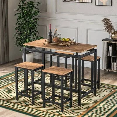 TREXM 5-Piece Kitchen Counter Height Table Set - Industrial Dining Table with 4 Chairs (Oak) Ebern Designs Table Top Color: Brown