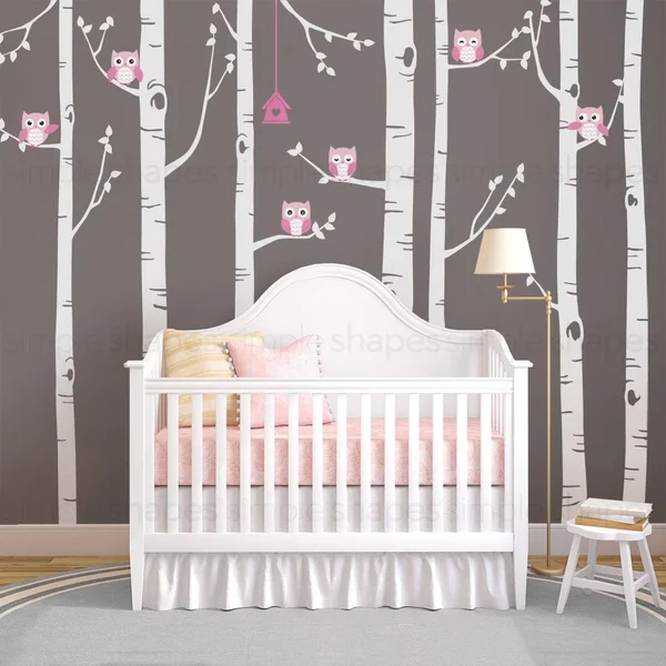 Simple Shapes Birch Tree with Owl Wall Decal - Scheme B - 96x22 (243 cm) Tall Trees