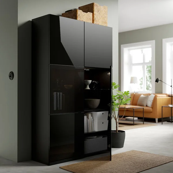 IKEA - BESTÅ Storage Combination w/Glass Doors - Black-brown/Selsviken High Gloss/Black Smoked Glass, 47 1/4x16 1/2x76