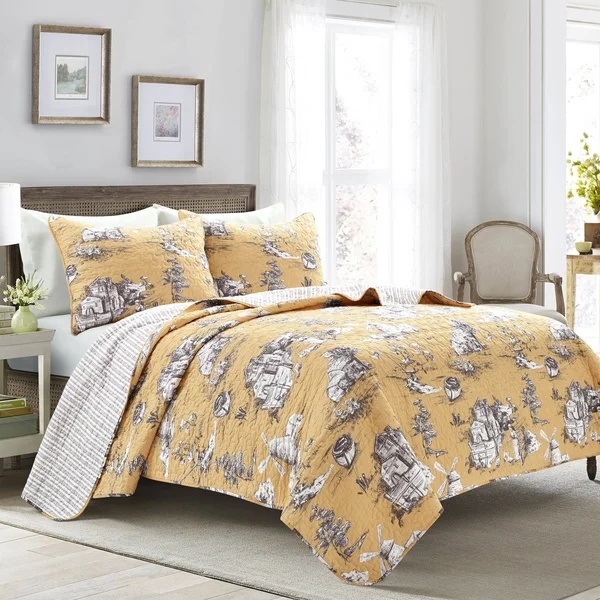 King 3PC French Country Toile Cotton Reversible Quilt Set Yellow/White - Lush D閏or