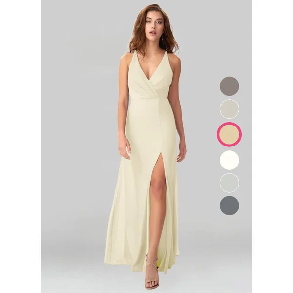 Azazie A-Line/Princess V-Neck Floor-Length Mesh Bridesmaid Dresses - Champagne