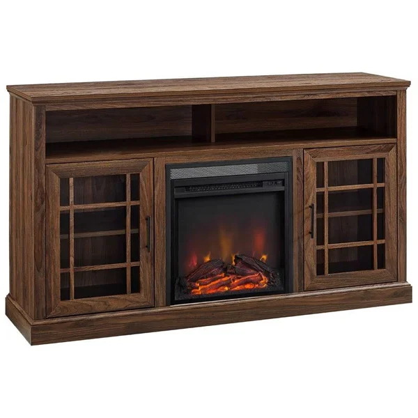 Pemberly Row 58x22 Classic Glass Door Highboy Fireplace TV Stand in Dark Walnut - PR-4753-2138585