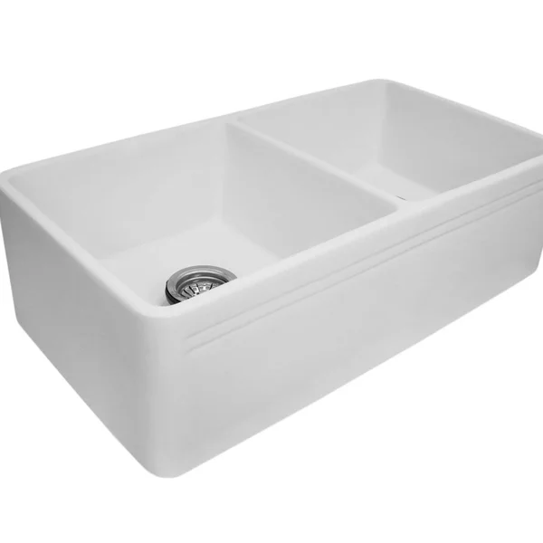 Ember Hearth 33 in. Farmhouse Kitchen Sink White Polish Ceramic Undermount Double Bowl, Size: 33.5 inch x 17.5 X10 inch