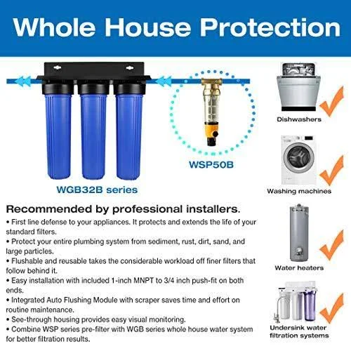 iSpring WSP100B Large Reusable Whole Spin-Down Sediment Water Filter with Scraper and Brass Top Clear Housing, 100 Micron