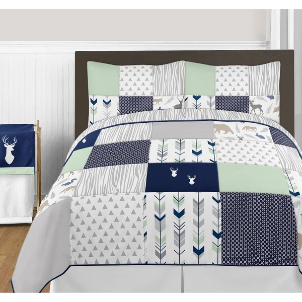 Sweet Jojo Designs 3-Piece Navy Blue, Mint and Grey Woodsy Deer Girls Full/Queen Bedding Set