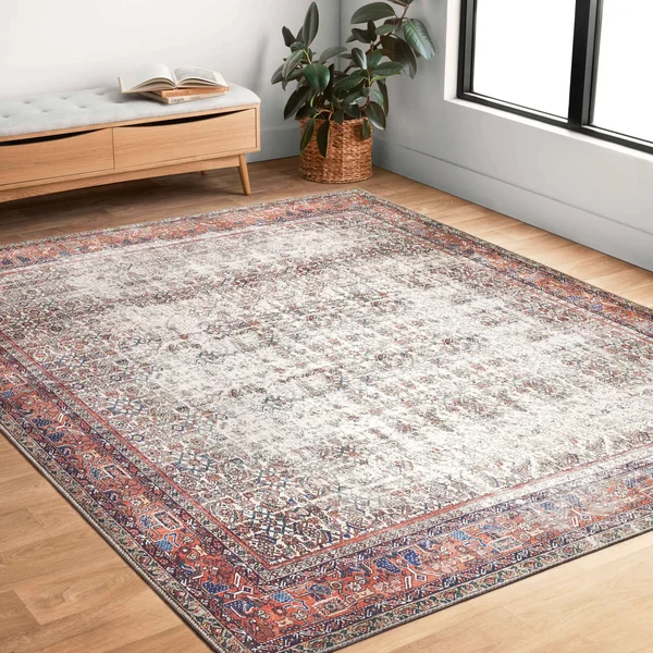 Alexander Home Isabelle Boho Vintage Distressed Printed Area Rug - 2&-6x22 x 12& - Ivory, Brick