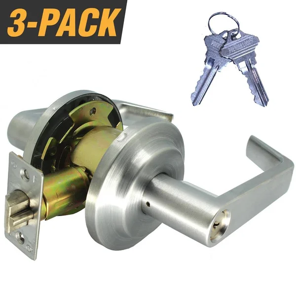 Premier Lock Heavy-Duty Satin Chrome Grade 2 Switch Style Entry Storeroom Lever Lock Set with 6 SC1 Keys (3-Pack - Keyed Alike)