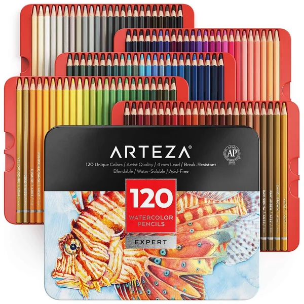 Arteza Professional Watercolor Pencils for Adults Kids - Set of 120, Water-Soluble Colored Pencils for Coloring, Blending