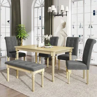 Leighton 6 - Piece Dining Set Ophelia & Co. Table Color: Natural - Chair Color: Gray/Beige, Bench Color: Gray/Beige