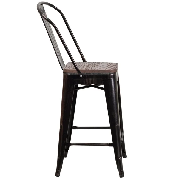 Flash Furniture 24x22 High Metal Counter Height Stool with Back and Wood Seat, Black-Antique Gold