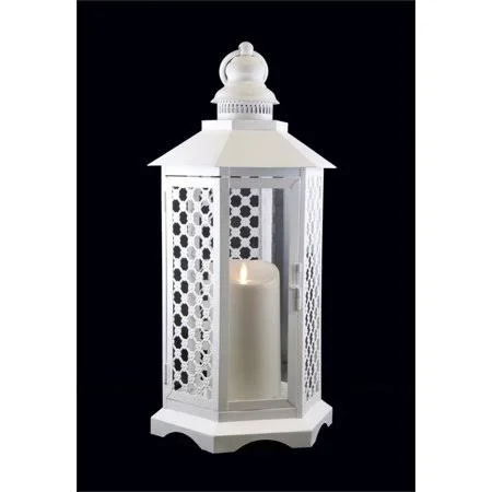 19 inch White Floral Lattice Lantern with Luminara Flameless LED Lighted Candle