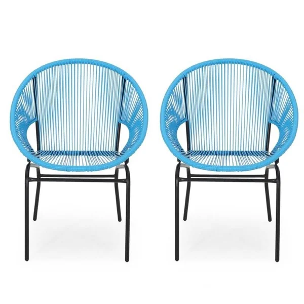 Noble House Nusa Outdoor Faux Rattan Club Chair in Blue and Black (Set of 2)